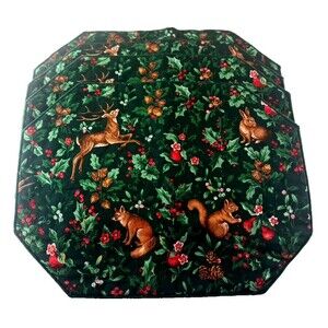 Wildlife Christmas Placemats Set of 4 Green Holly Berry Deer Fox Rabbit 13x16